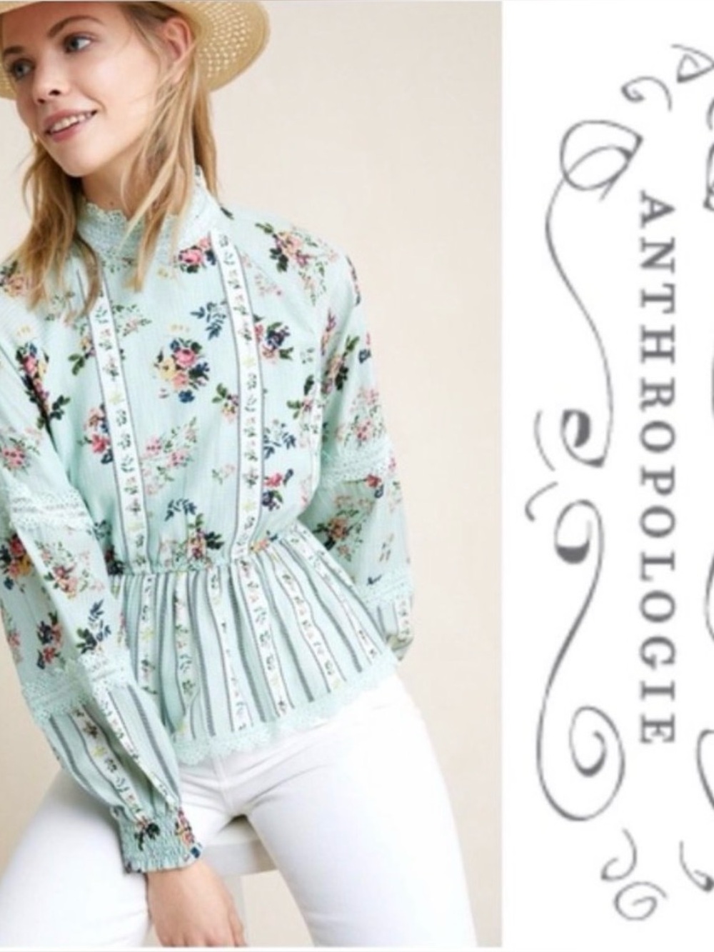 Hemant & Nandita amour floral lace mint green blouse high neck anthropology top